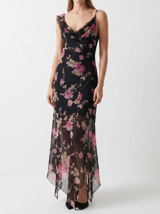 Vintage Dresses & Skirts - Vintage Dark Floral Beaded Cowl Maxi Dress Fairy Grunge Coquette